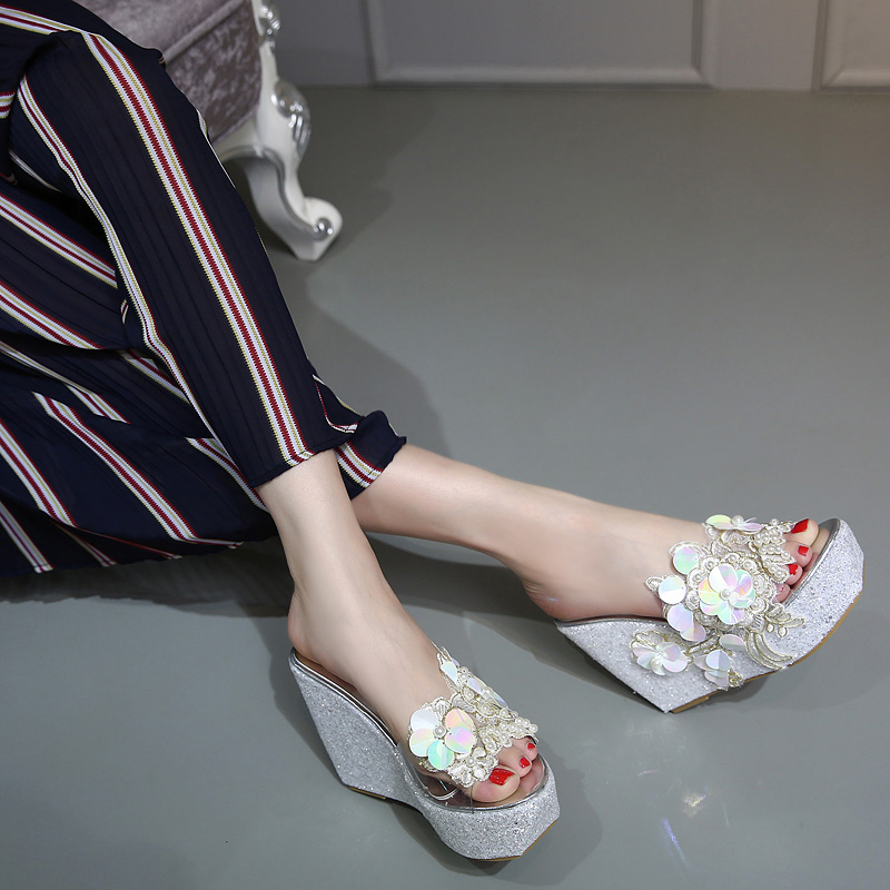 2025 New Flower Rhinestone Beaded Wedge Sandals for Women 34-42 - Image 3