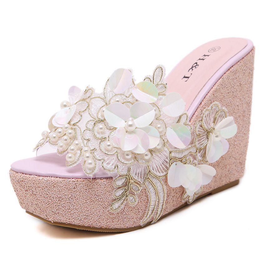 2025 New Flower Rhinestone Beaded Wedge Sandals for Women 34-42 - Image 5