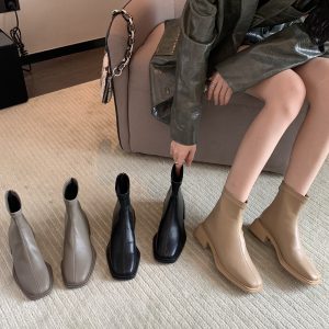 French Style Women's Low Heel Ankle Boots 2024 Autumn Winter New Soft Leather Square Toe Back Zipper Slim Bare Boots Chelsea Boots