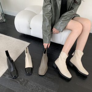 French Style Short Boots for Women Flat 2024 Autumn Winter New Soft Leather Square Toe Color Block Stretch Slim Bare Boots Chelsea Boots