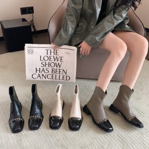 French Style Chunky Heel Short Boots for Women Low Heel 2024 Autumn Winter New Soft Leather Square Toe Slim Fit Chelsea Boots