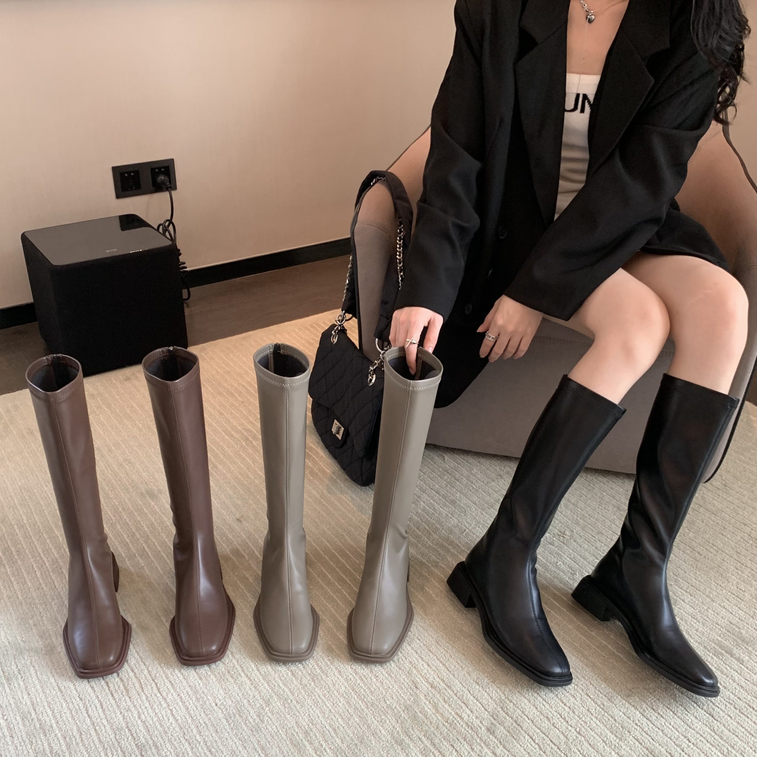 Slim Fit Square Toe Boots Women 2024 Autumn Winter Stretch Soft Leather Flat Heel Chunky Heel Riding Boots Over Knee High Tall Boots