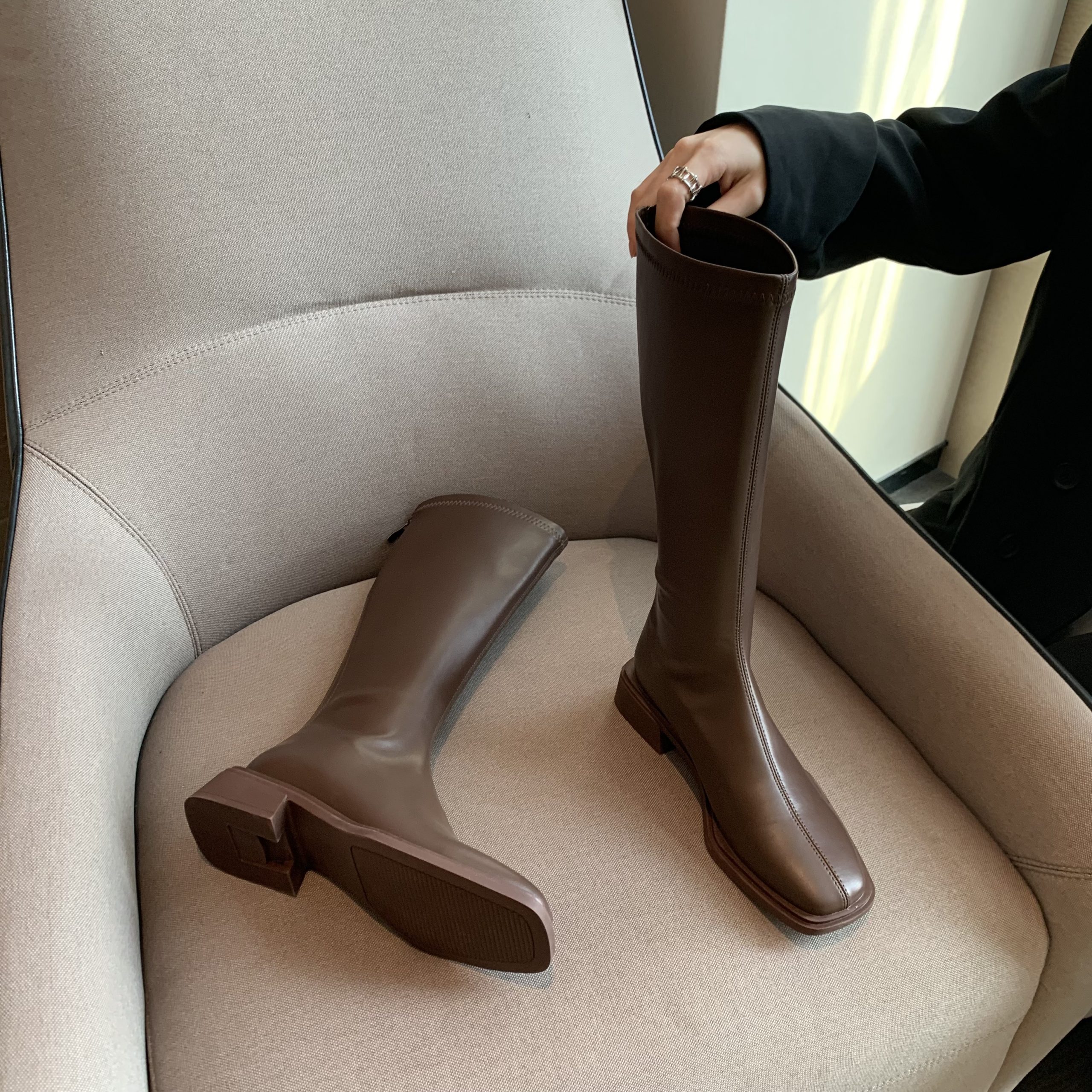 Slim Fit Square Toe Boots Women 2024 Autumn Winter Stretch Soft Leather Flat Heel Chunky Heel Riding Boots Over Knee High Tall Boots - Image 3