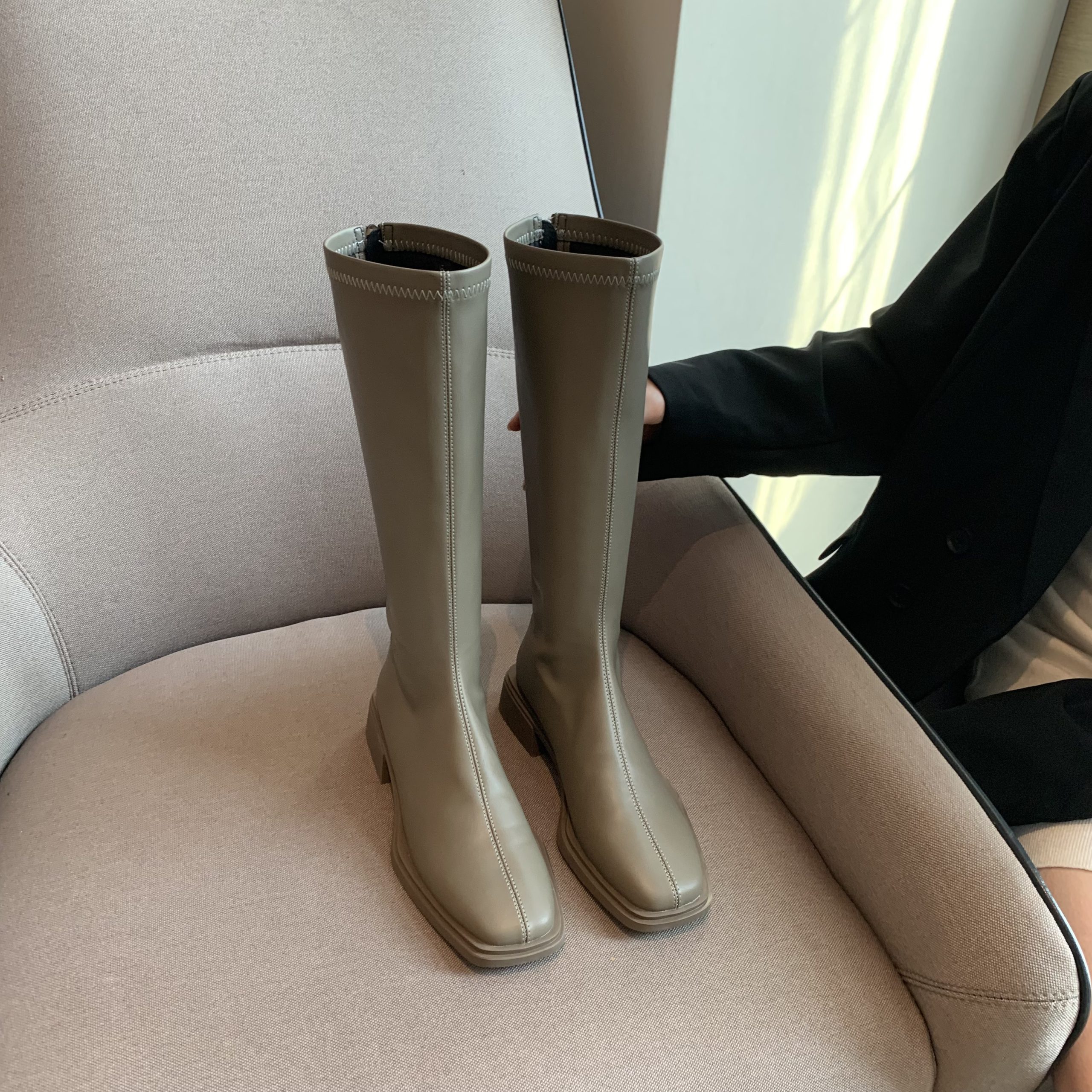 Slim Fit Square Toe Boots Women 2024 Autumn Winter Stretch Soft Leather Flat Heel Chunky Heel Riding Boots Over Knee High Tall Boots - Image 4