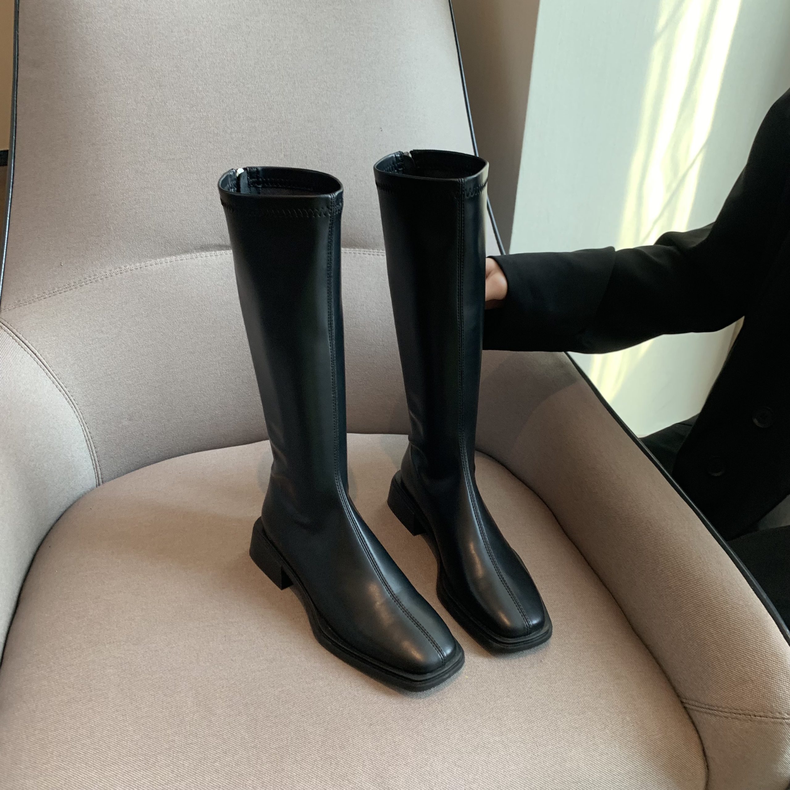 Slim Fit Square Toe Boots Women 2024 Autumn Winter Stretch Soft Leather Flat Heel Chunky Heel Riding Boots Over Knee High Tall Boots - Image 2
