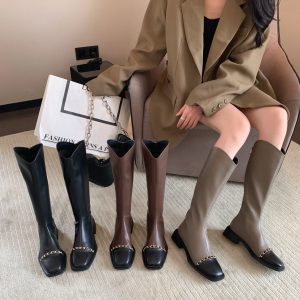 French Style Square Toe Slim Boots for Women 2024 Elastic Soft PU Leather Low Heel Riding Boots Over Knee High Boots