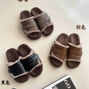 2024 Autumn Winter Faux Fur Slippers Women's Thick Sole Retro Belt Buckle Cotton Slippers