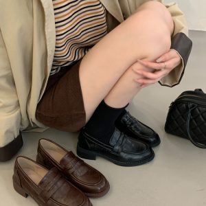 Retro Chunky Heel Soft Sole Loafer Shoes for Women 2025 Spring Autumn New Low Heel Brown British Style Leather Shoes