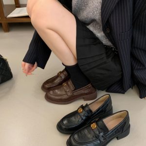 FENGDA Retro Loafer Shoes Women Camellia Genuine Leather 2025 New British Style Thick Sole Slip-On Flat Shoes
