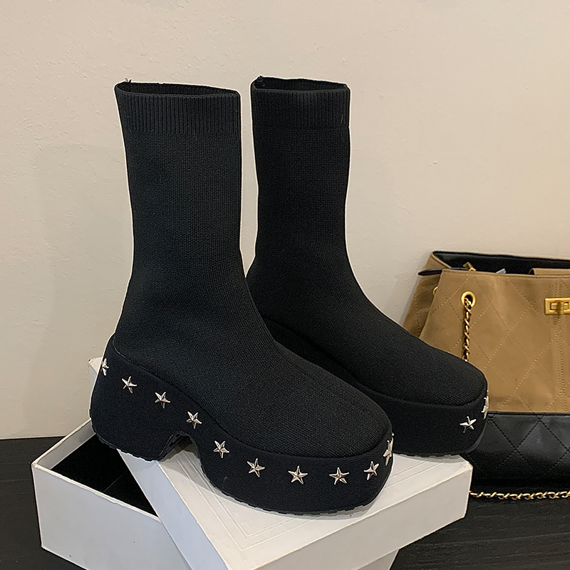 Thick Sole Wedge Heel Studded Plus Size Punk Women Autumn Winter Stretch Short Boots Height Increasing Shoes 42 Size Four Seasons Boots - Image 5