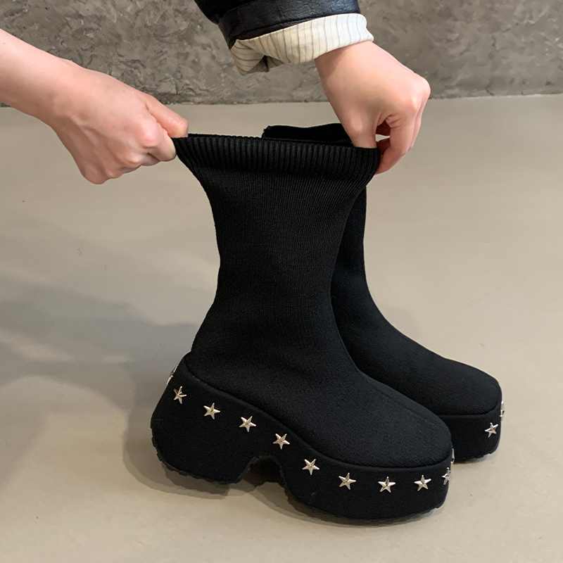 Thick Sole Wedge Heel Studded Plus Size Punk Women Autumn Winter Stretch Short Boots Height Increasing Shoes 42 Size Four Seasons Boots - Image 4