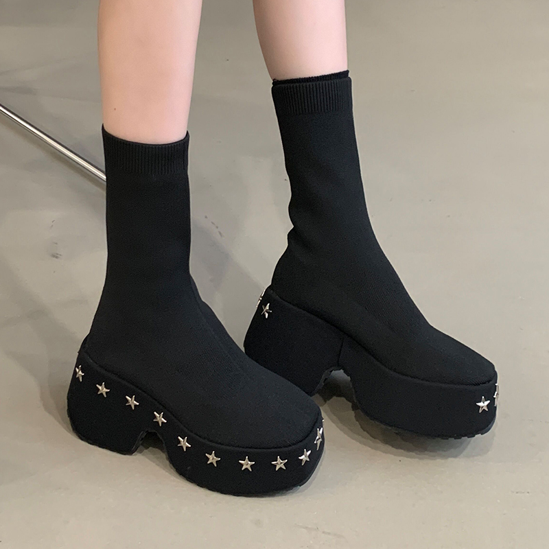 Thick Sole Wedge Heel Studded Plus Size Punk Women Autumn Winter Stretch Short Boots Height Increasing Shoes 42 Size Four Seasons Boots - Image 3