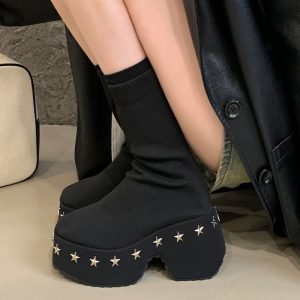 Thick Sole Wedge Heel Studded Plus Size Punk Women Autumn Winter Stretch Short Boots Height Increasing Shoes 42 Size Four Seasons Boots