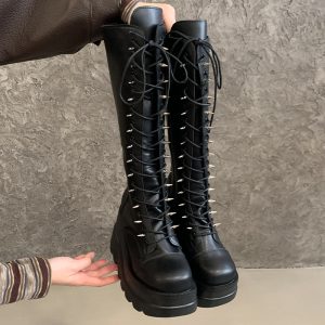 10cm Chunky Heel Platform Winter Boots for Women, Studded Square Toe Thick Sole High Top Boots, Sizes 35-43