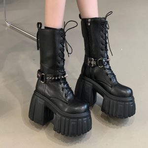 Women's Chunky Heel Platform Round Toe Winter Boots with Side Zipper, High Heel Elevator Short Boots, Street Style, Plus Size 40, Black