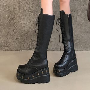 10cm Platform Chunky Heel Women's Boots 35-43 Studded Square Toe Winter Boots