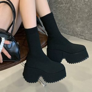 9cm Thick Sole Platform Wedge Punk Women's Autumn Winter Stretch Boots Height Increasing Shoes 42 Size Four Seasons Bare Boots Sleeve