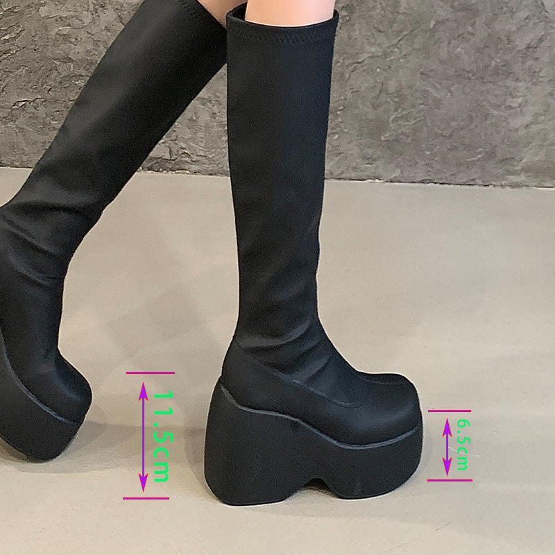 11cm Round Toe Plus Size Platform Wedge Stretch Bare Boots Simple Slip-On Four Seasons Women's Shoes Cross-border 43 - Image 3