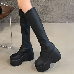 11cm Round Toe Plus Size Platform Wedge Stretch Bare Boots Simple Slip-On Four Seasons Women's Shoes Cross-border 43