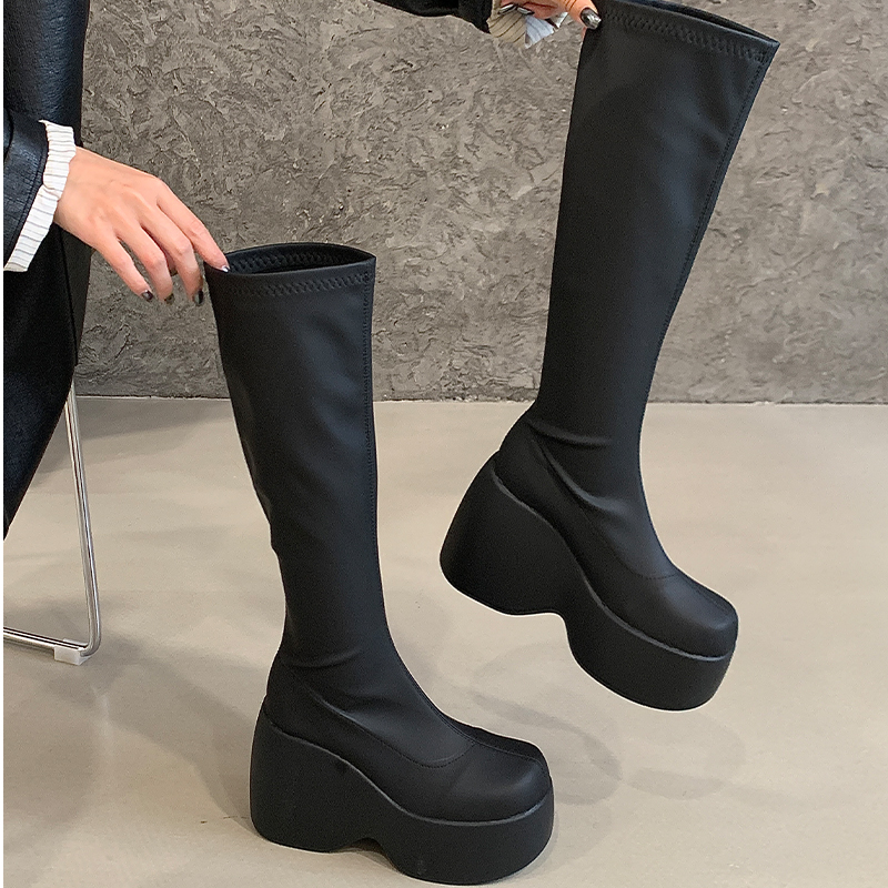 11cm Round Toe Plus Size Platform Wedge Stretch Bare Boots Simple Slip-On Four Seasons Women's Shoes Cross-border 43 - Image 4