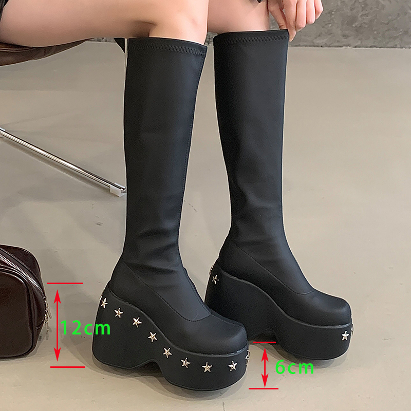 11cm Round Toe Plus Size Platform Wedge Stretch Bare Boots Simple Slip-on Four Seasons Women's Shoes Cross-border 43 - Image 2