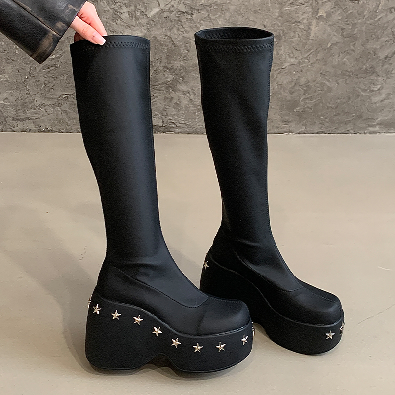 11cm Round Toe Plus Size Platform Wedge Stretch Bare Boots Simple Slip-on Four Seasons Women's Shoes Cross-border 43 - Image 3