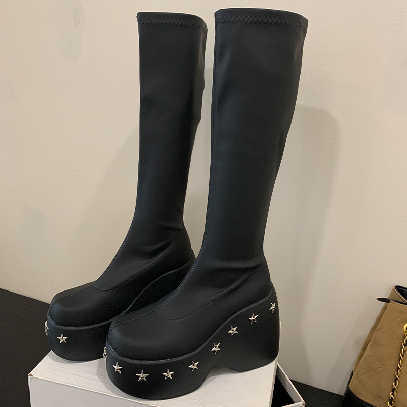 11cm Round Toe Plus Size Platform Wedge Stretch Bare Boots Simple Slip-on Four Seasons Women's Shoes Cross-border 43 - Image 4
