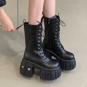 Women's Chunky Heel Platform Round Toe Winter Boots with Side Zipper, 40 Size, Height Increasing, Martin Style