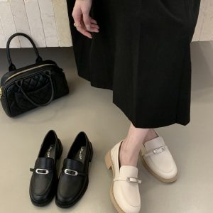Women's Chunky Heel Loafer Shoes 2026 Spring Autumn French Style Black Casual Leather Flats