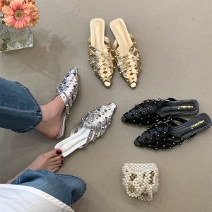 Women's Low Heel Silver Open Toe Slippers 2024 New Summer Beach Shoes French Woven Hollow Out Sandals