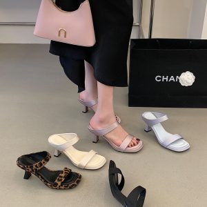 Designer Leopard Print Open Toe High Heel Women's Shoes 2026 Summer New Fashion Versatile Chunky Heel One-Strap Slippers