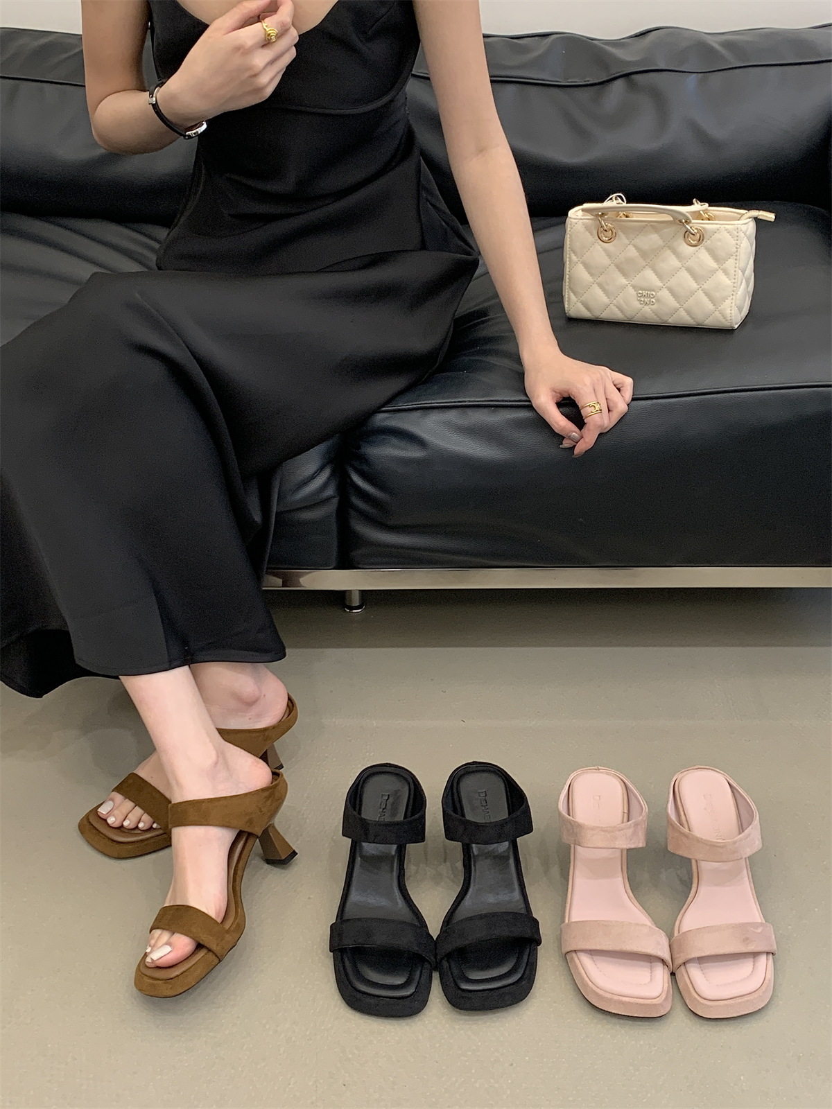 2026 Summer New Open Toe Slippers Women's Casual Chunky Heel Square Toe High Heel Sandals