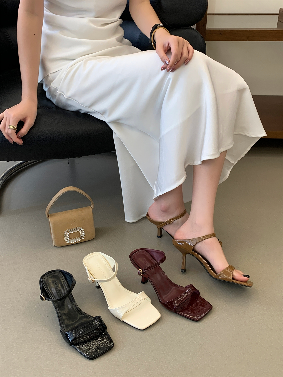 Elegant French One-Strap High Heel Sandals for Women Summer New Style Black Thin Heel Slippers