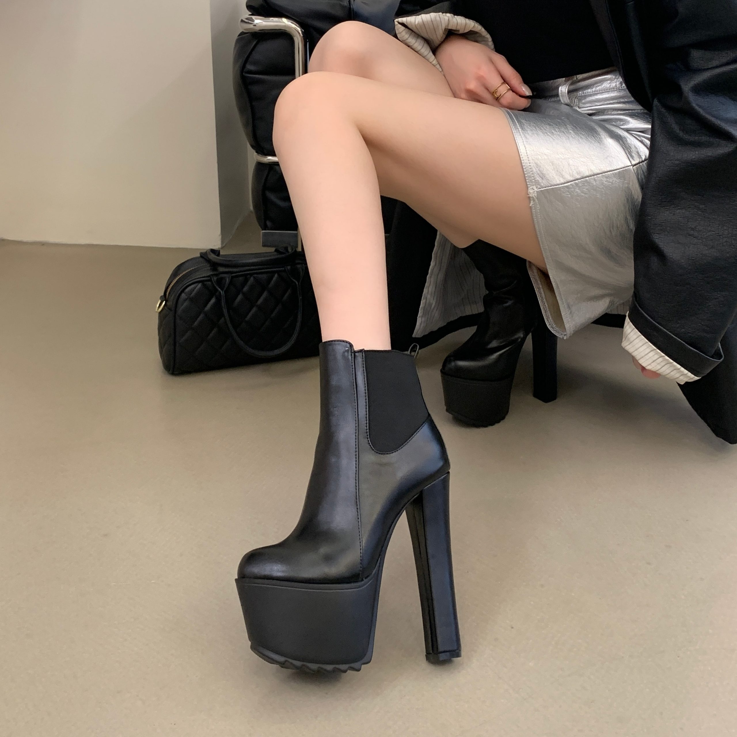 16cm High Heel Platform Ankle Boots Black Chunky Heel Chelsea Boots for Women Slimming Tall Boots - Image 4