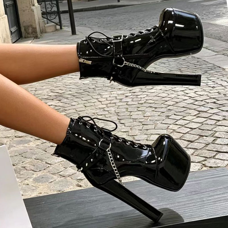 Patent Leather Platform Chunky Heel Short Boots for Women Metal Chain Rivet Lace Up Ankle Boots Dark Punk Stage Performance Women's Boots - Image 2
