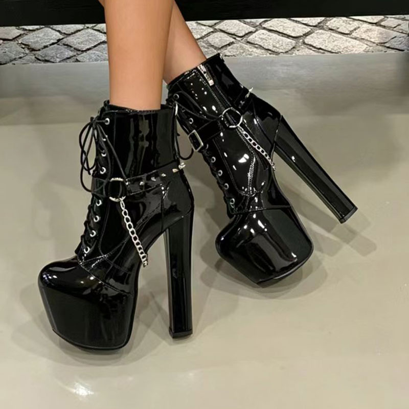Patent Leather Platform Chunky Heel Short Boots for Women Metal Chain Rivet Lace Up Ankle Boots Dark Punk Stage Performance Women's Boots - Image 3
