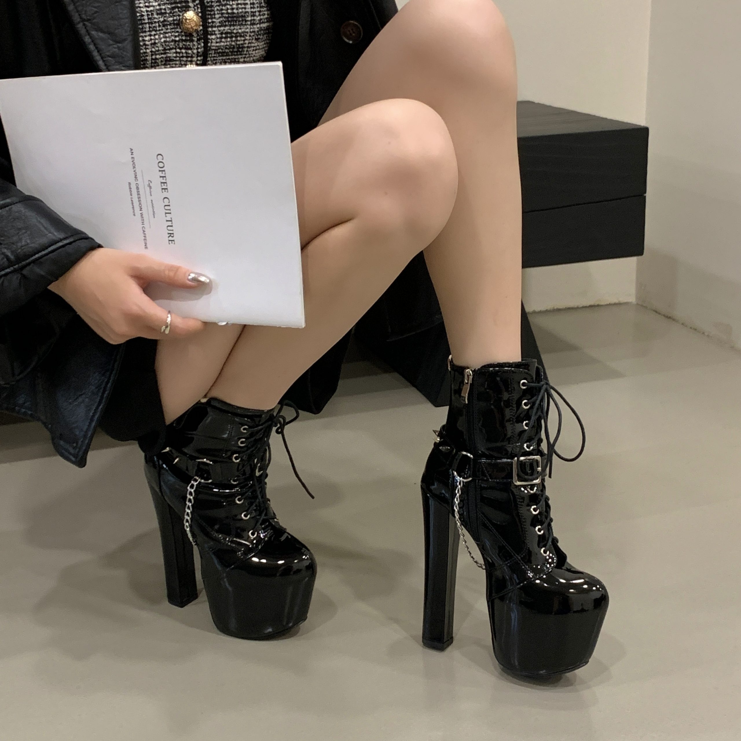 Patent Leather Platform Chunky Heel Short Boots for Women Metal Chain Rivet Lace Up Ankle Boots Dark Punk Stage Performance Women's Boots - Image 4
