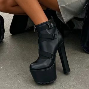 Dark Punk Lace-Up Platform Chunky Heel Women's High Wedge Boots Black Martin Short Boots