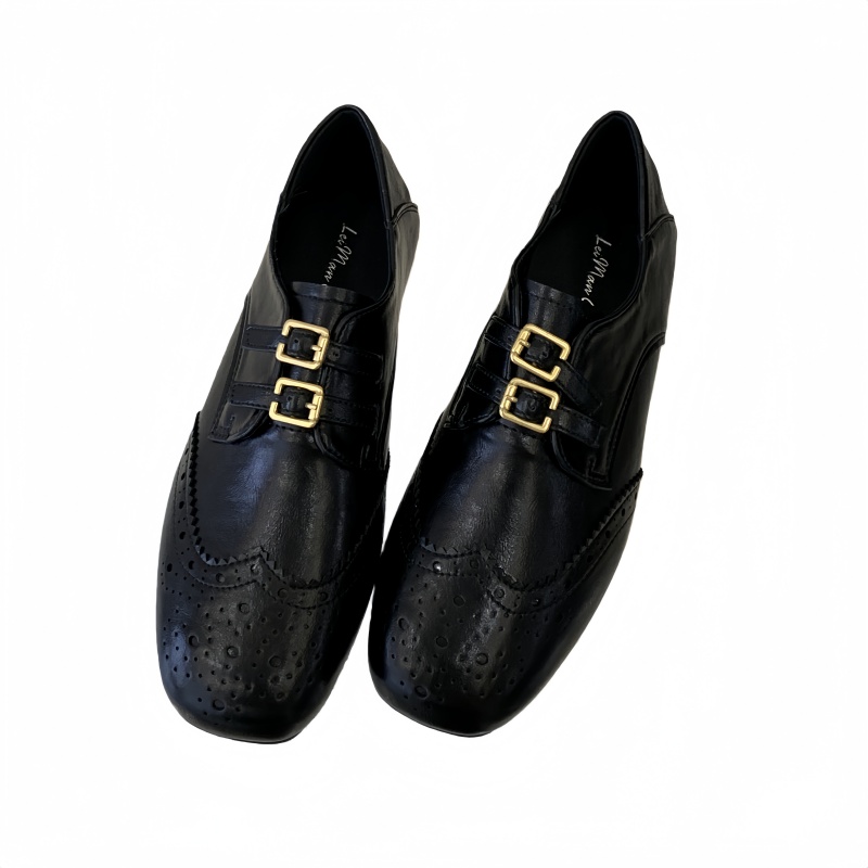 2026 Spring New Carved Brogue Women's Shoes Black Double Buckle Round Toe Flat British Style Leather Shoes - Image 5