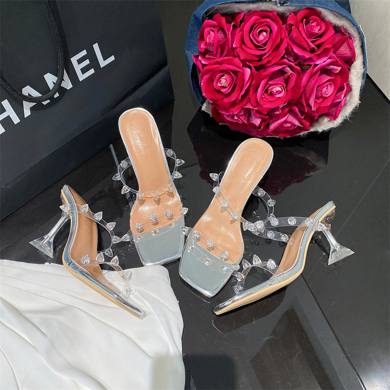 2023 Rhinestone Transparent Strap Sandals Women Thin Heel Summer Sexy High Heels 7cm - Image 4