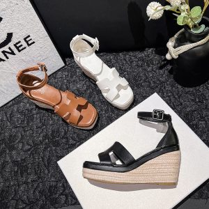 2024 Summer New Women's Platform Wedge Sandals Thick Sole Breathable Slippers Korean Style Square Toe