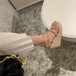 Thick Sole Rivet Open Toe Platform Sandals Women Summer 2024 New Style Wedge Roman High Heels - Style 508c7e
